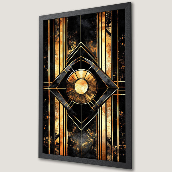 Framed Poster featuring Art Deco design in black and gold. Modern wall art, perfect for home decor.