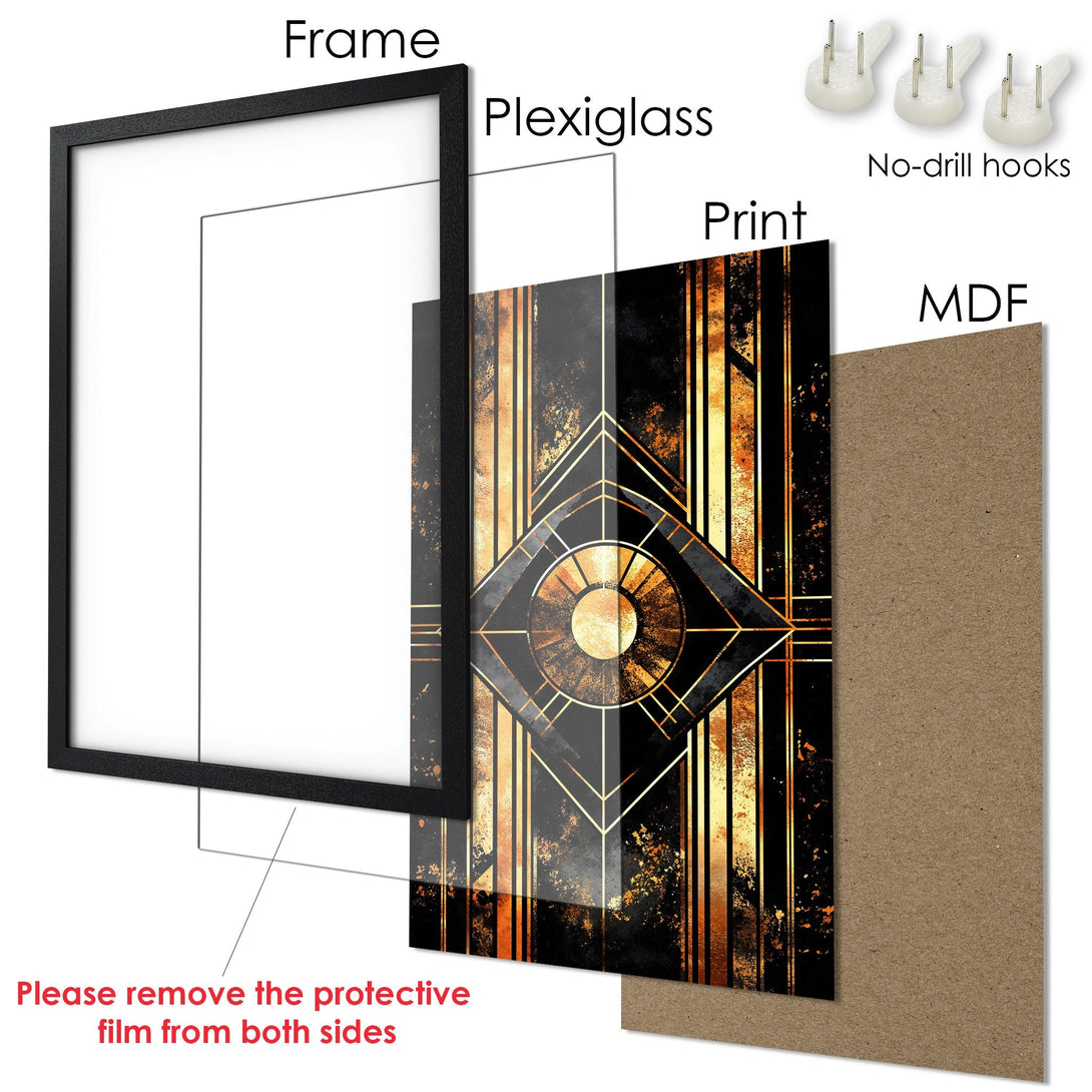 Framed Poster: Art Deco design in black and gold. Add a touch of elegance to your home with this stunning poster.