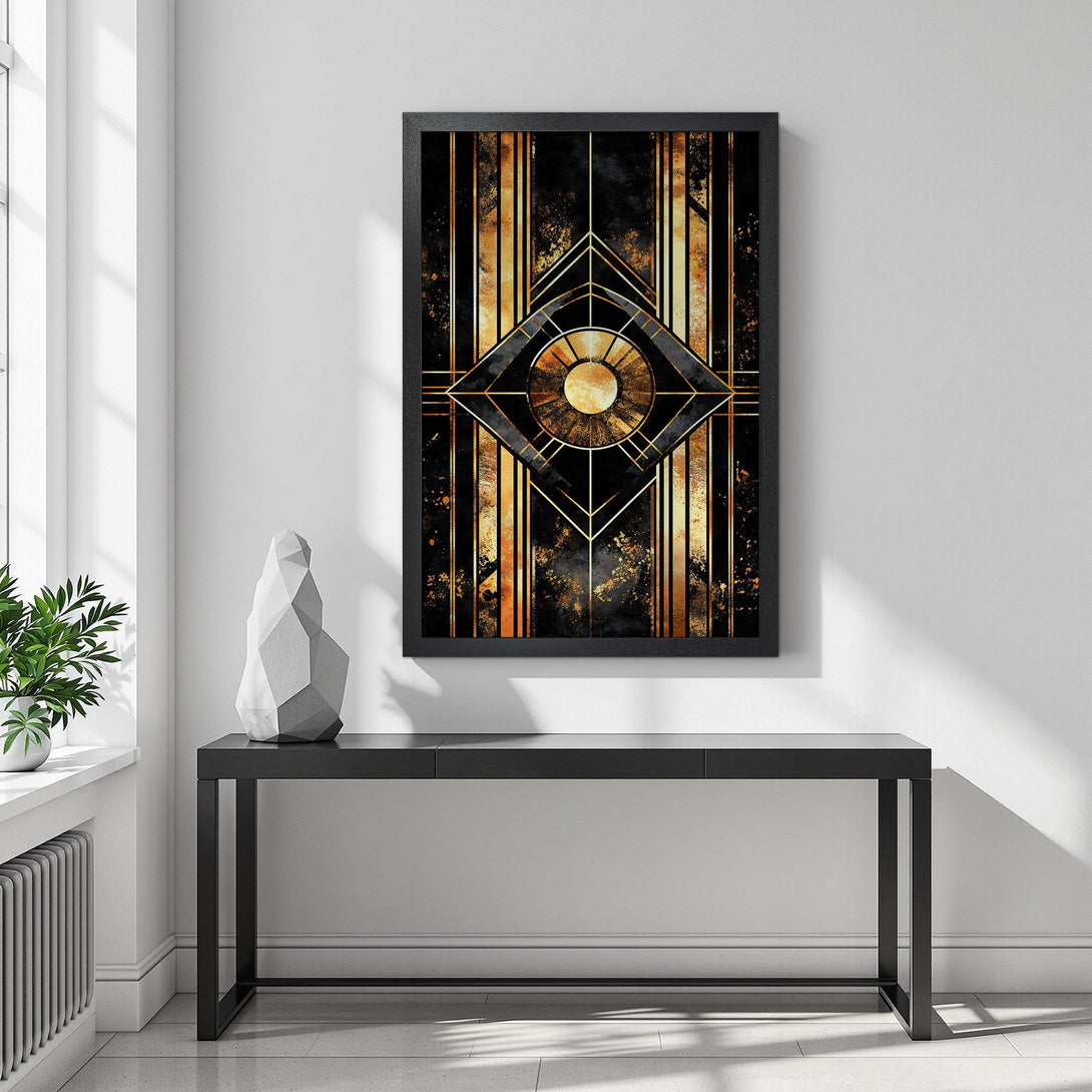 Framed Poster featuring an Art Deco design in gold and black. Stylish wall art to elevate your space!