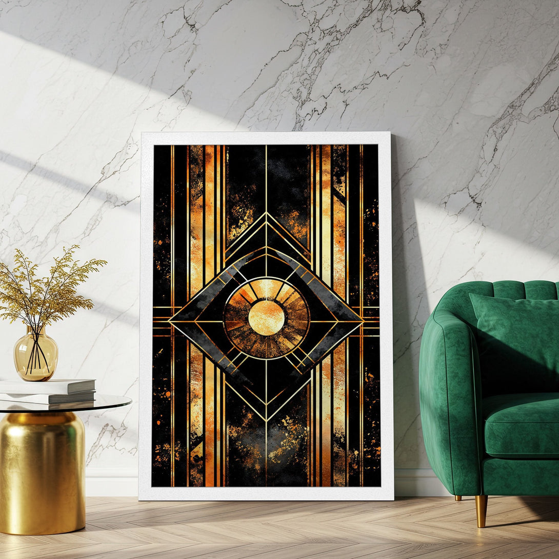 Framed Poster featuring an Art Deco design with black, gold, and orange hues. Elevate your space with this stylish wall art.