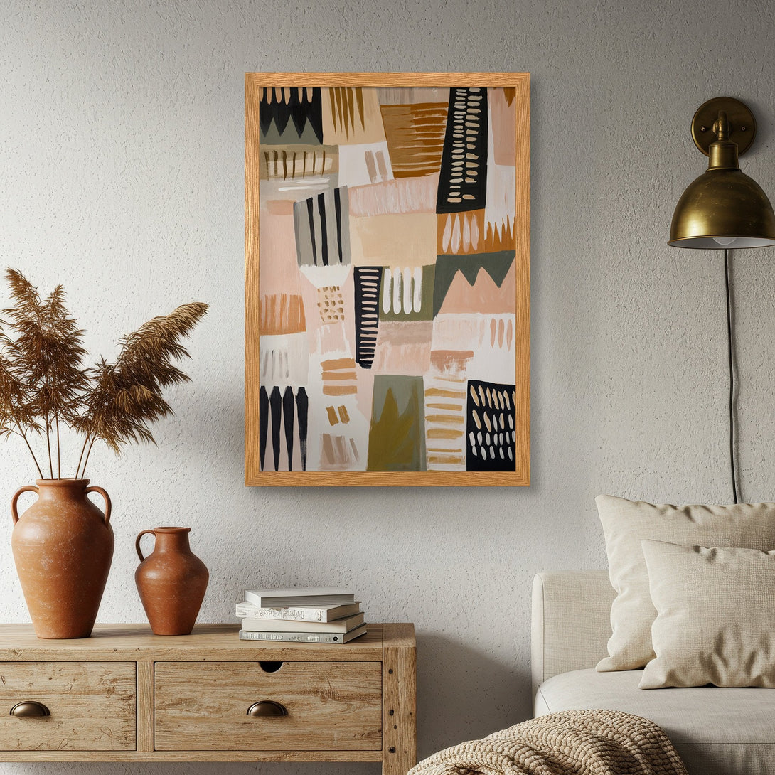 Framed Poster featuring abstract art in neutral tones. Perfect wall decor for a modern living room.