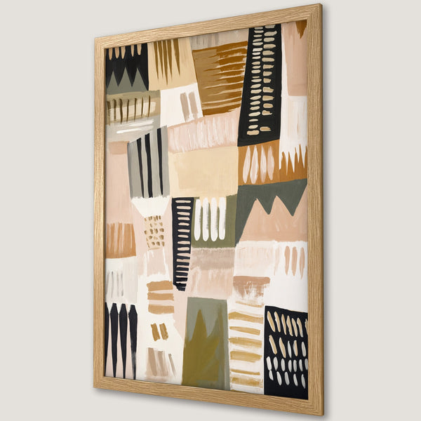 Framed Poster featuring abstract art in neutral tones. Modern art print with beige, black, and olive green color palette. Perfect wall decor.