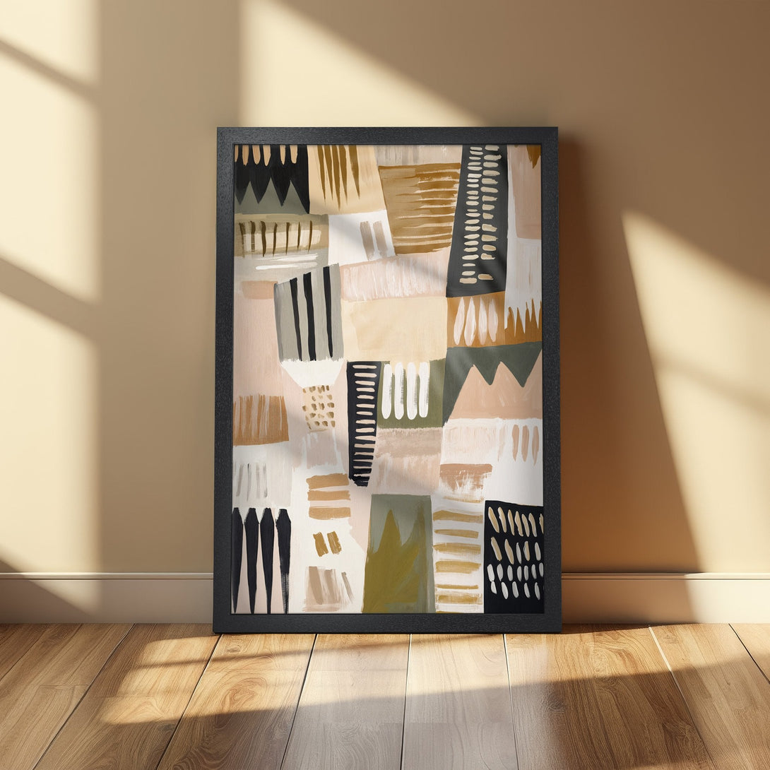 Framed Poster featuring abstract art in neutral tones. Modern style with a warm, earthy color palette. Perfect wall decor.