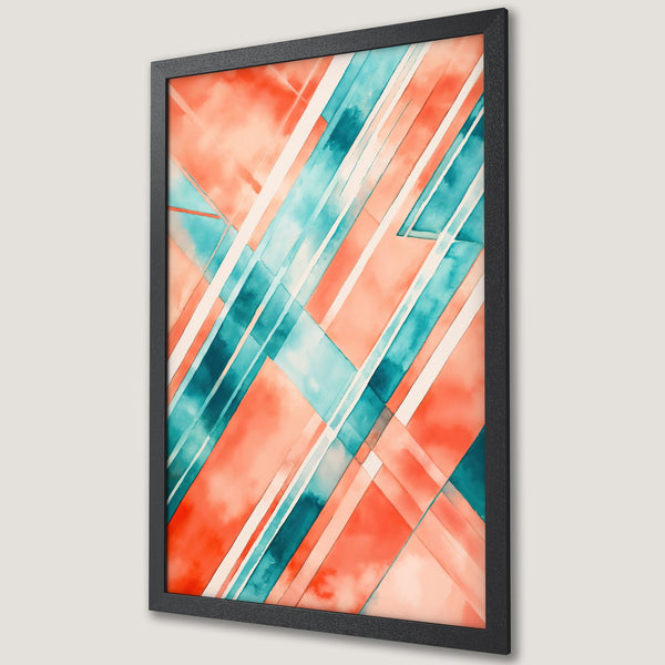 Framed Poster featuring abstract watercolor art with diagonal lines in coral, teal, and white. Modern wall art for home decor.