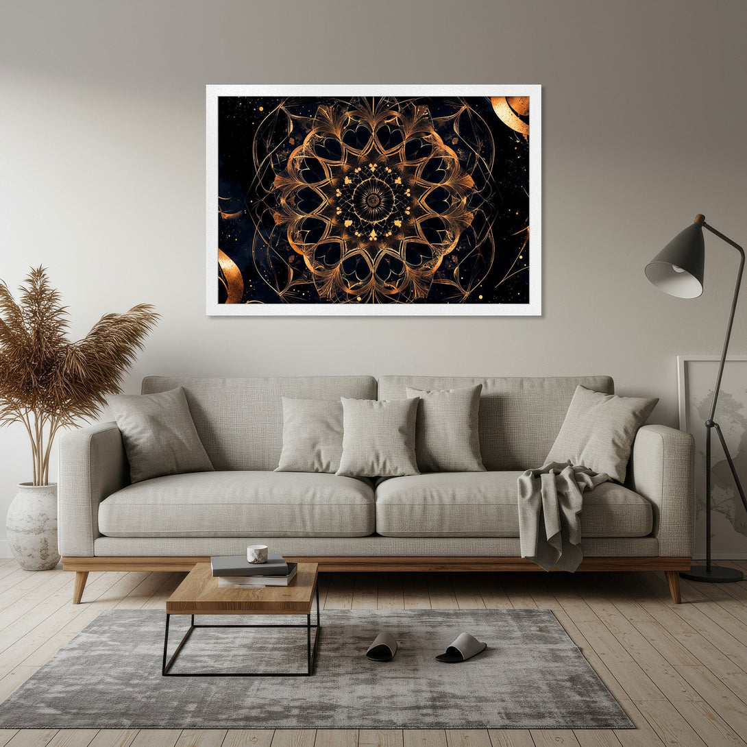 Framed Poster featuring a gold mandala design on a black background. Modern art print with a warm, luxurious color palette. Perfect wall decor.