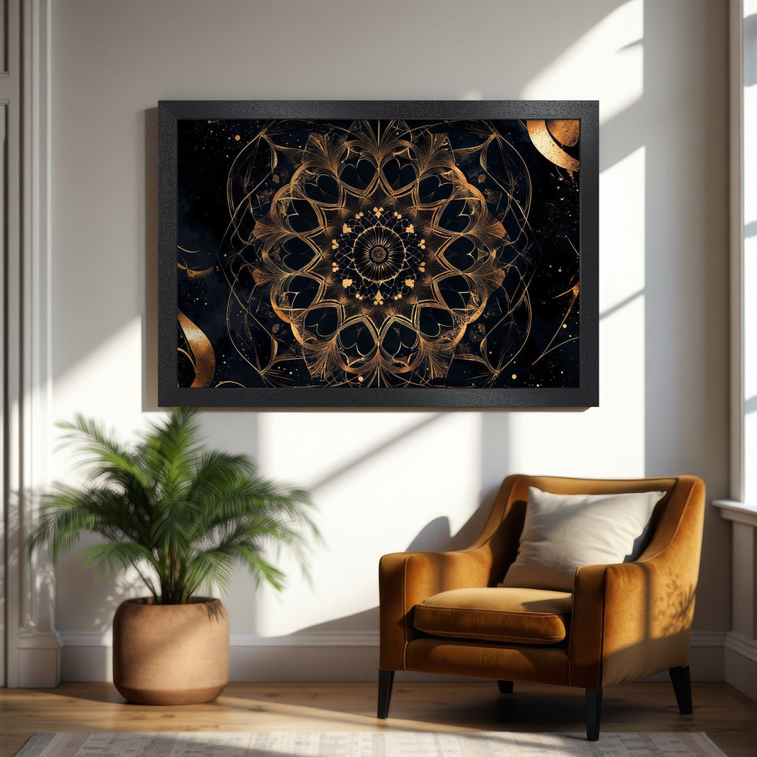 Framed Poster featuring a gold mandala design on a black background. Modern art print in a luxurious color palette.