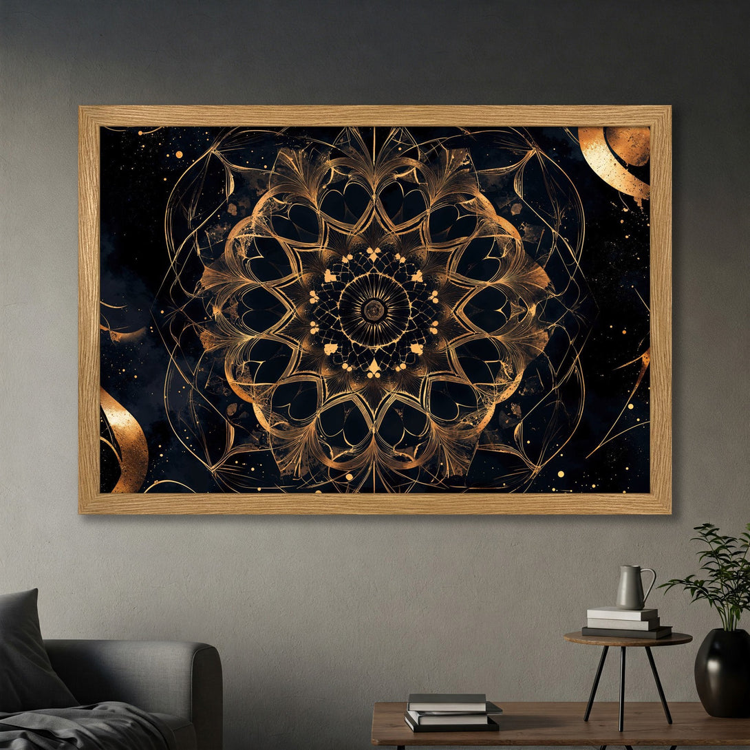 Framed Poster featuring a gold mandala design on a dark background. Modern art style, gold and black color palette. Perfect wall decor.