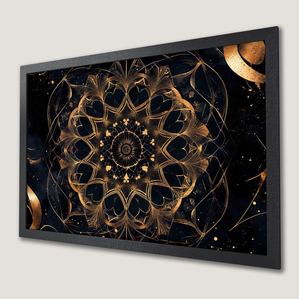 Framed Poster featuring a golden mandala design on a black background. Modern, artistic style with a luxurious gold and black color palette.
