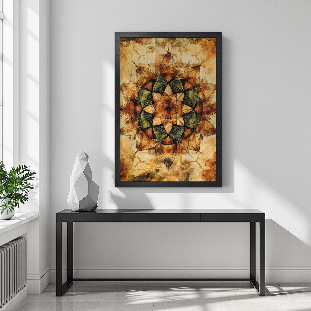 Framed Poster featuring a geometric mandala design in warm earth tones. Perfect art for modern home decor.