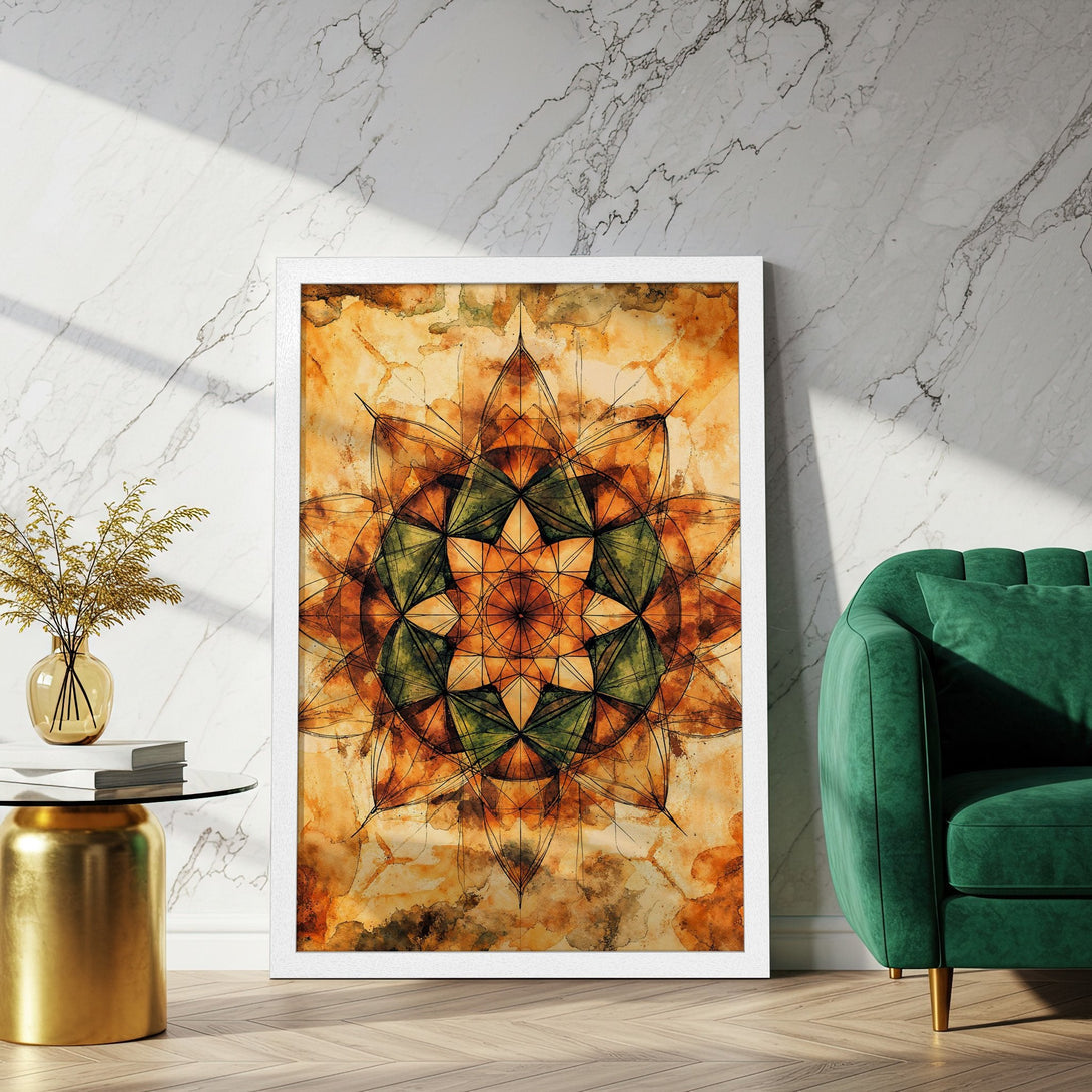 Framed Poster featuring a watercolor mandala art print. Warm orange, green, and brown color palette. Perfect for adding a touch of art to your home decor.