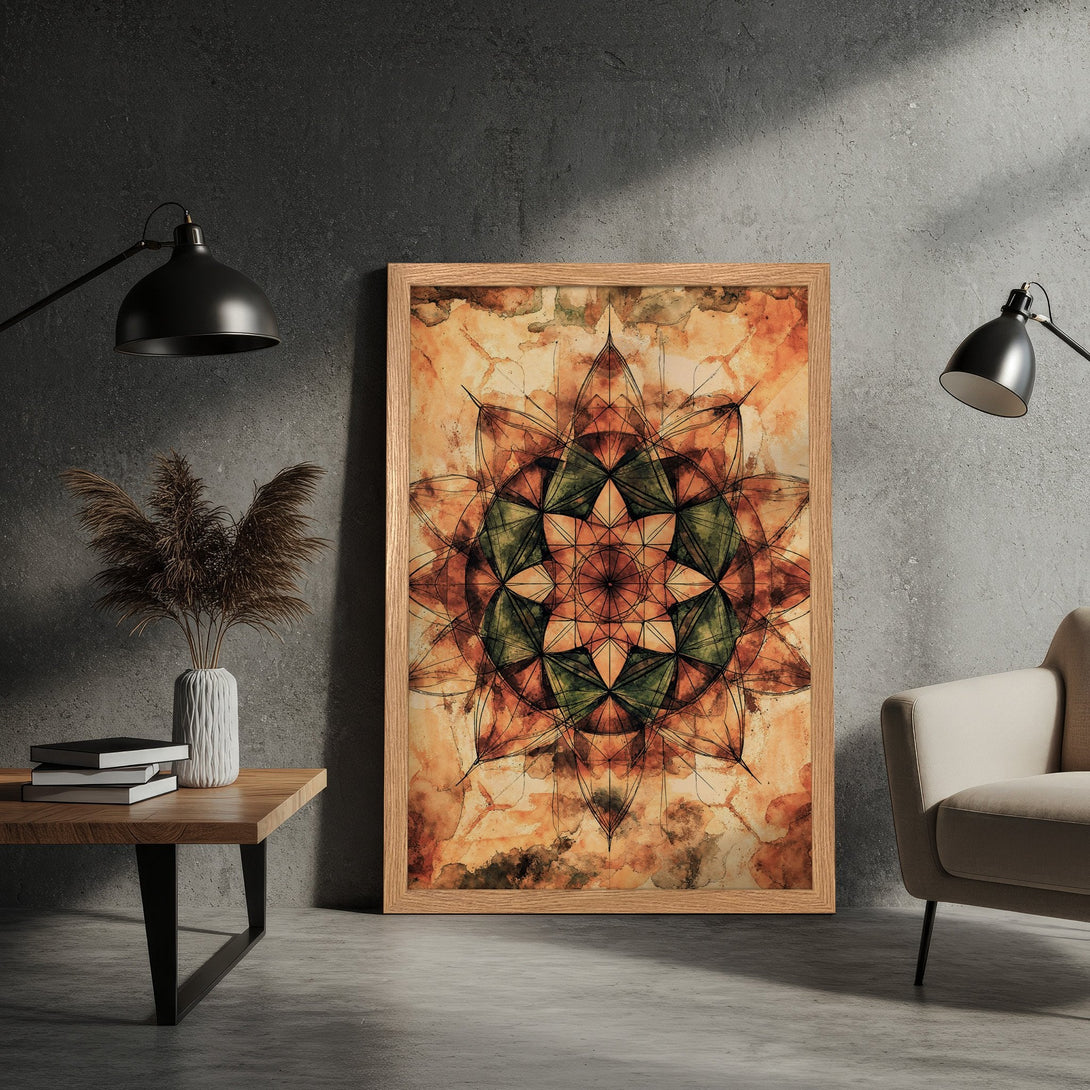 Framed Poster featuring an abstract mandala design in warm orange and green tones. Perfect art for your home decor!