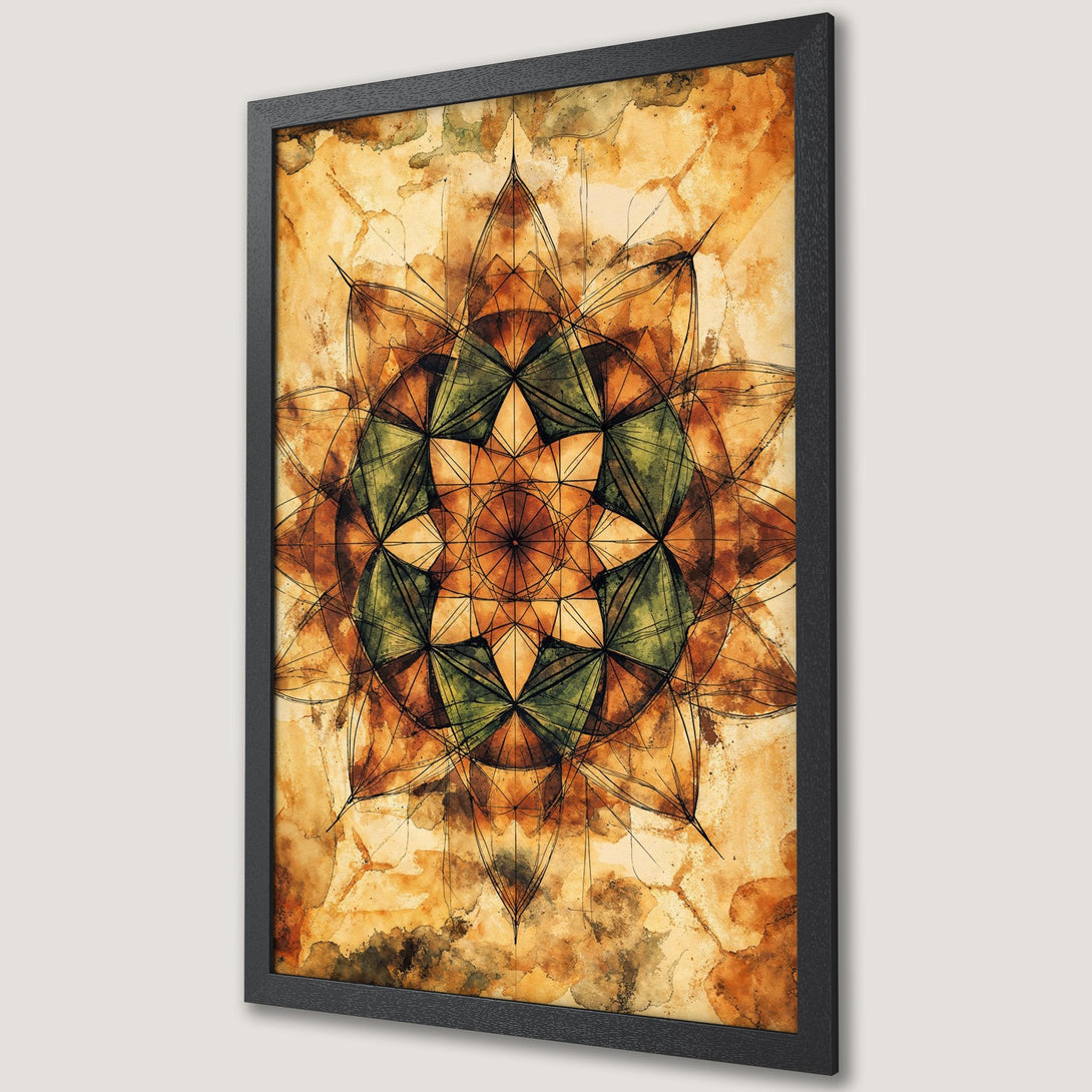 Framed Poster featuring a watercolor mandala design in warm earth tones. Perfect wall art for a calming aesthetic.