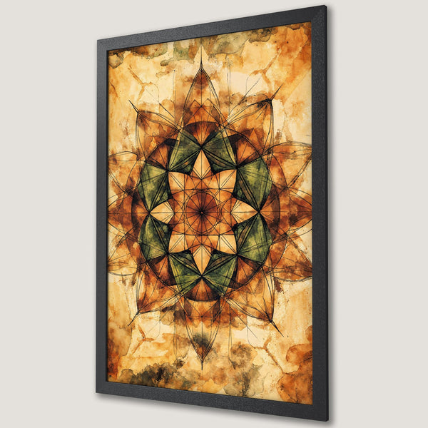 Framed Poster featuring a watercolor mandala design in warm earth tones. Perfect wall art for a calming aesthetic.