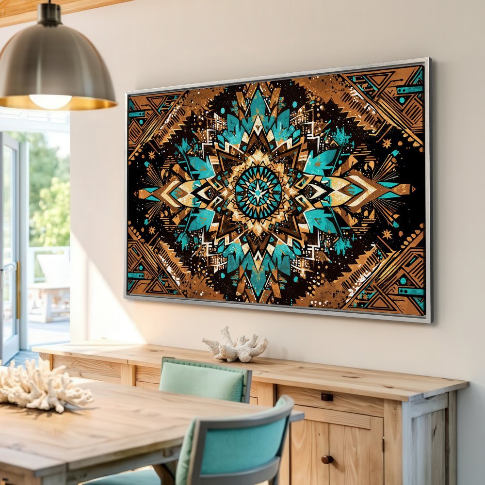 Framed Wall Art: Geometric mandala design in turquoise, brown, and gold. Elevate your space with this stunning Canvas Print!