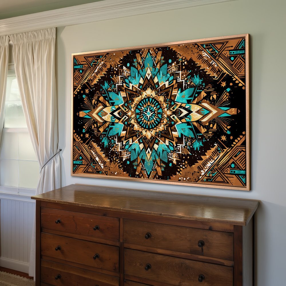 Framed Wall Art: Geometric mandala design in teal, brown, and gold. Boho style Canvas Print adds a vibrant touch to any room!