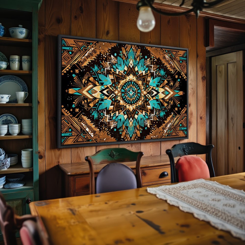 Framed Wall Art: Geometric mandala design in teal, brown, and gold. Perfect for adding bohemian style to your home decor. Shop now!