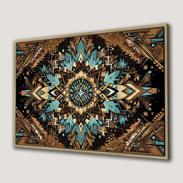 Framed Wall Art: Geometric mandala design in teal, brown, and gold. Modern canvas print perfect for adding a unique touch to your home decor.