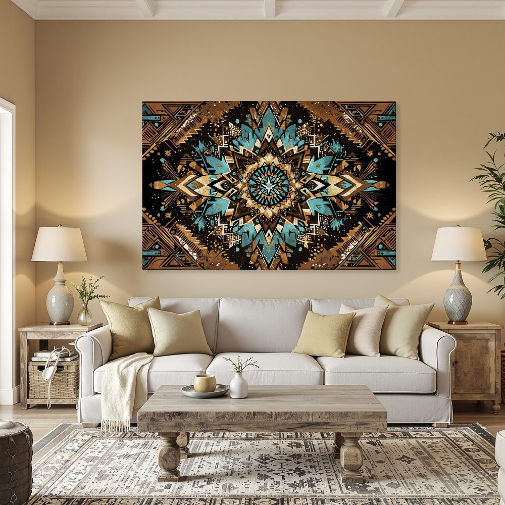 Framed Wall Art: Geometric mandala Canvas Print in turquoise, gold, and black. Add a touch of boho style to your dining room!