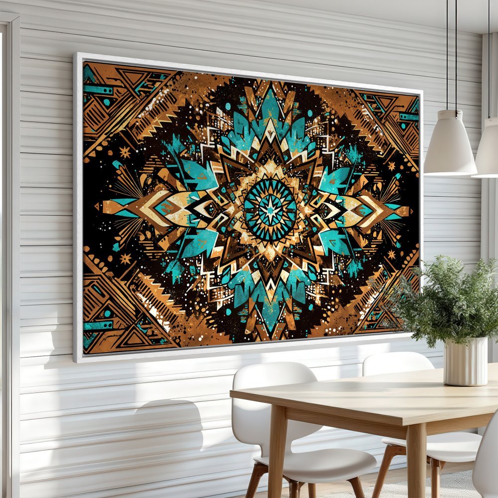 Framed Wall Art: Abstract mandala canvas print in turquoise, gold, and black. Modern art for home decor. Add a pop of color and style!
