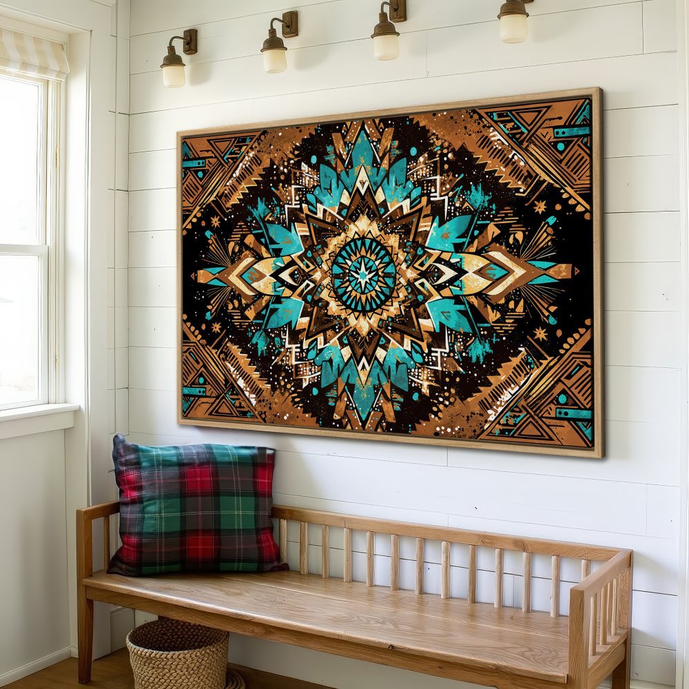 Framed Wall Art: Geometric mandala design in teal, brown, and black. Adds a stylish, bohemian touch to any space. Shop our Canvas Print collection!