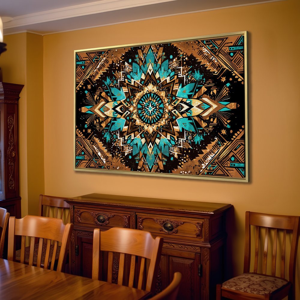 Canvas Print featuring a geometric mandala design in teal, brown, and black, perfect for modern home decor.