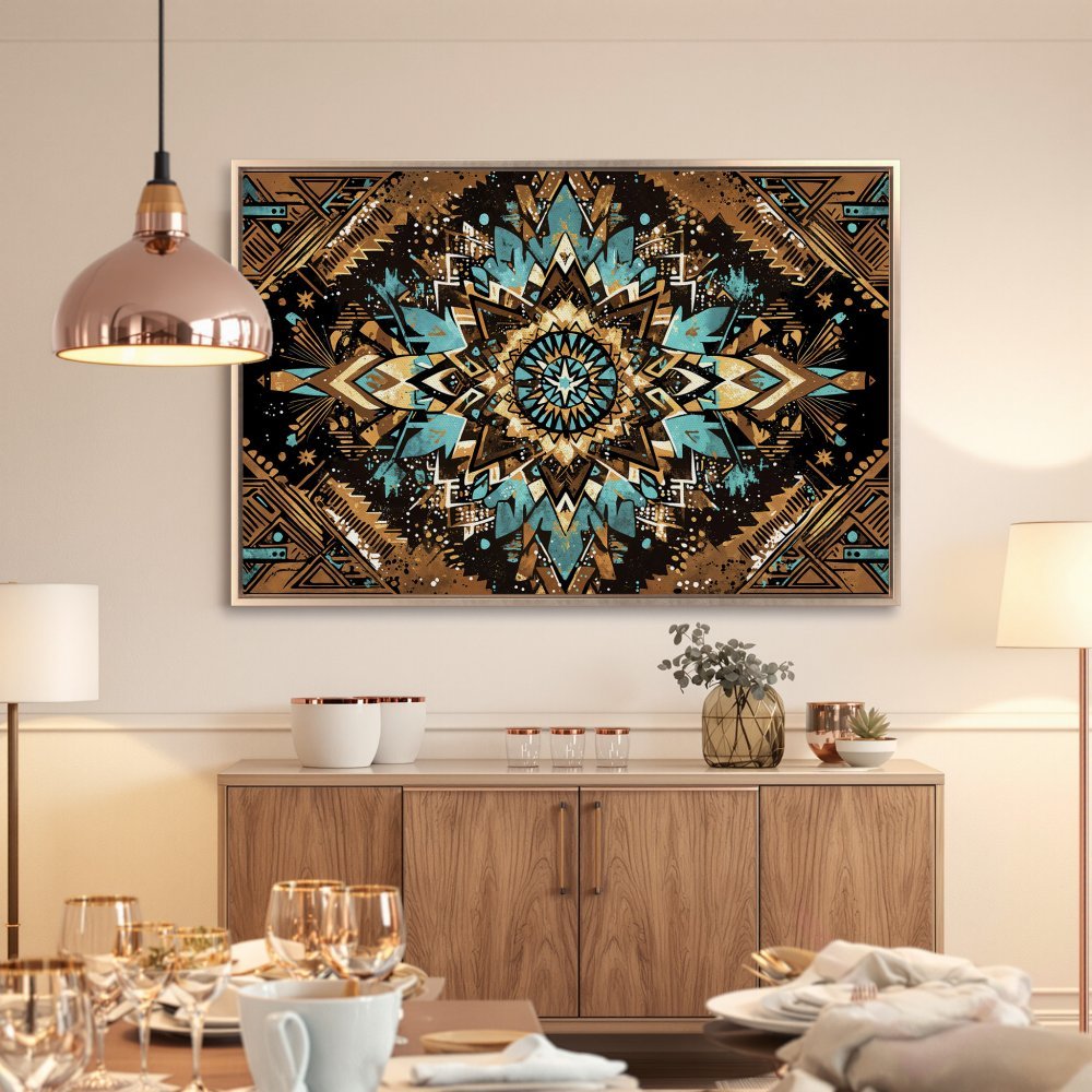 Framed Wall Art: Geometric mandala canvas print in teal, gold, and black. Modern art for your home. Shop now!