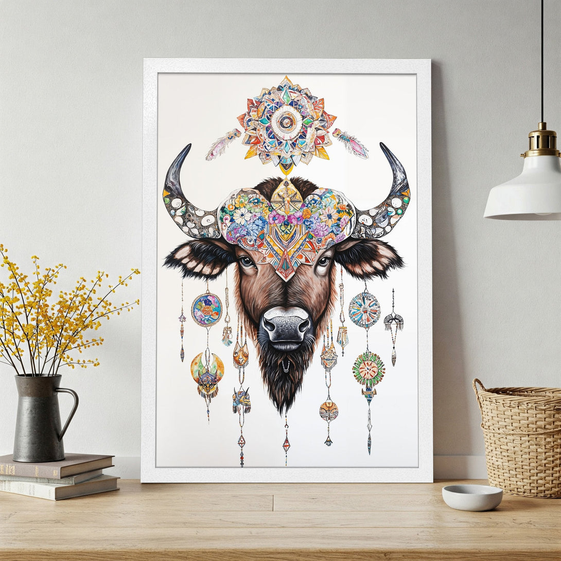 Framed Poster featuring a detailed watercolor bison with colorful floral and dreamcatcher elements. Earthy tones with vibrant accents.