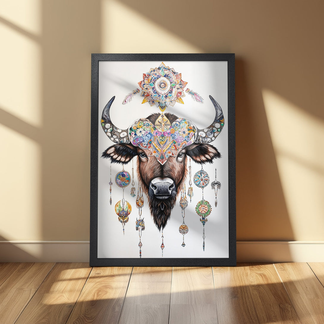 Framed Poster featuring a detailed watercolor illustration of a bull's head with floral and mandala elements, in a vibrant, colorful palette.