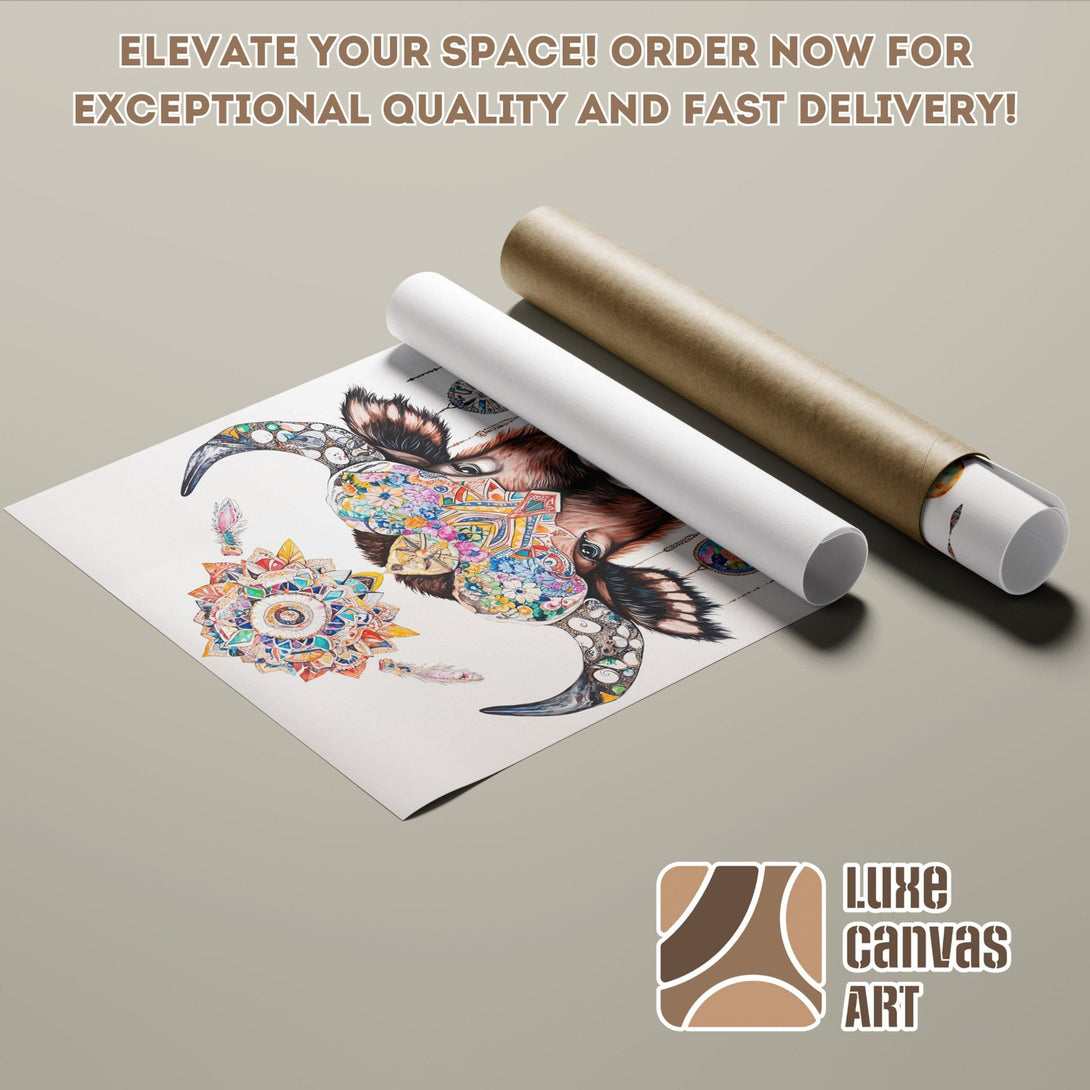 Poster Roll featuring a colorful bull illustration. Bohemian style art with a warm, neutral color palette. Elevate your space!
