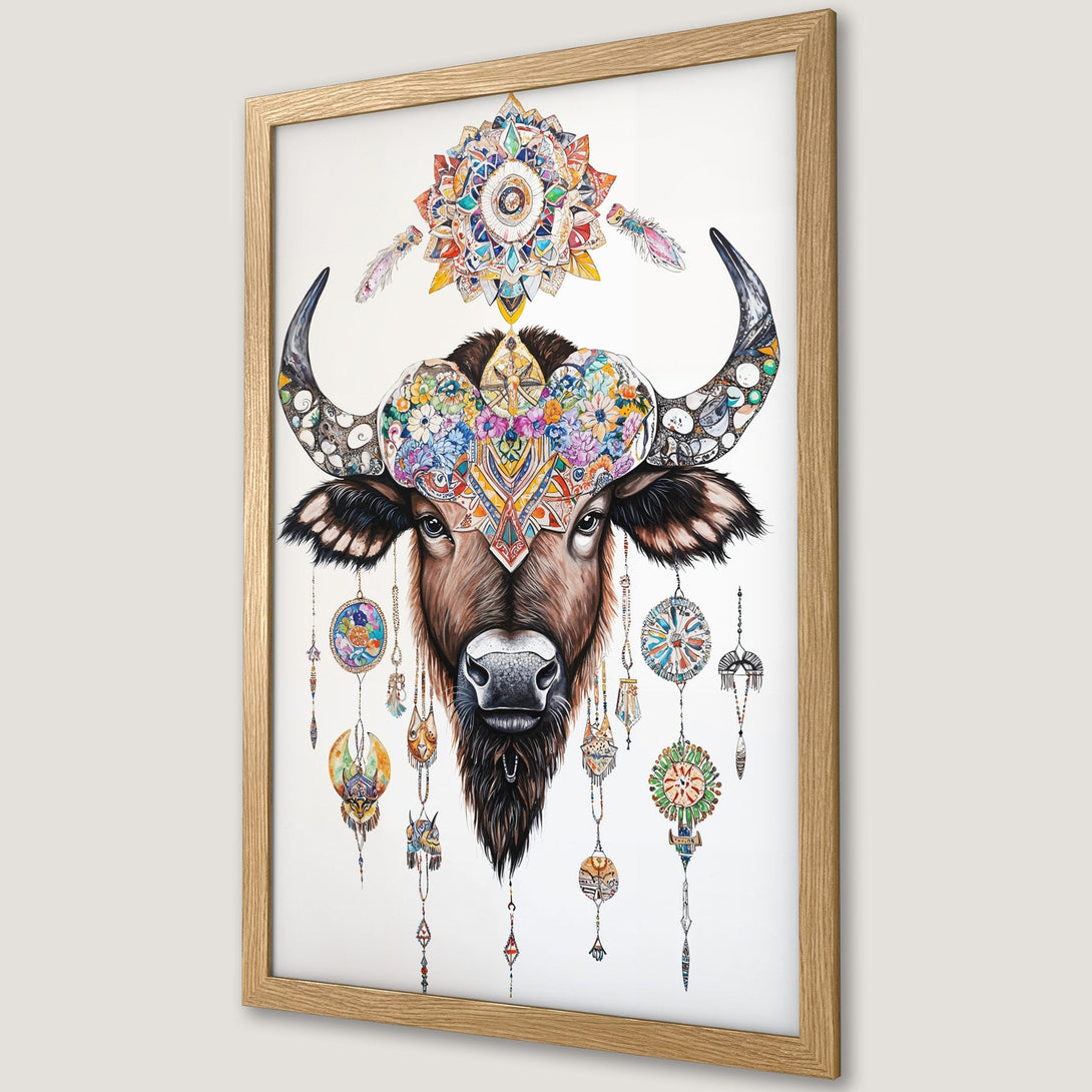 Framed Poster featuring a watercolor buffalo with vibrant floral and dreamcatcher details. Earthy tones with pops of color. Boho style art.