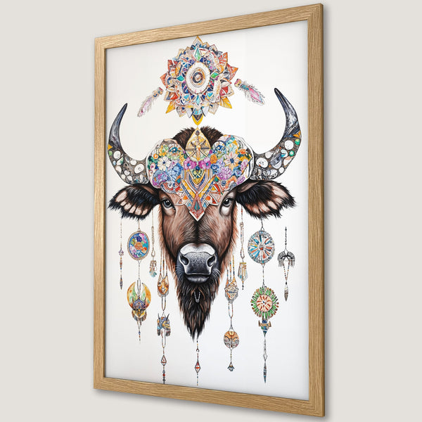 Framed Poster featuring a watercolor buffalo with vibrant floral and dreamcatcher details. Earthy tones with pops of color. Boho style art.