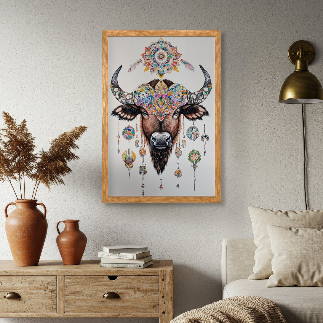 Framed Poster featuring a colorful, tribal-style bull illustration. Earth tones and vibrant accents create a unique, eye-catching art piece. Perfect home decor!