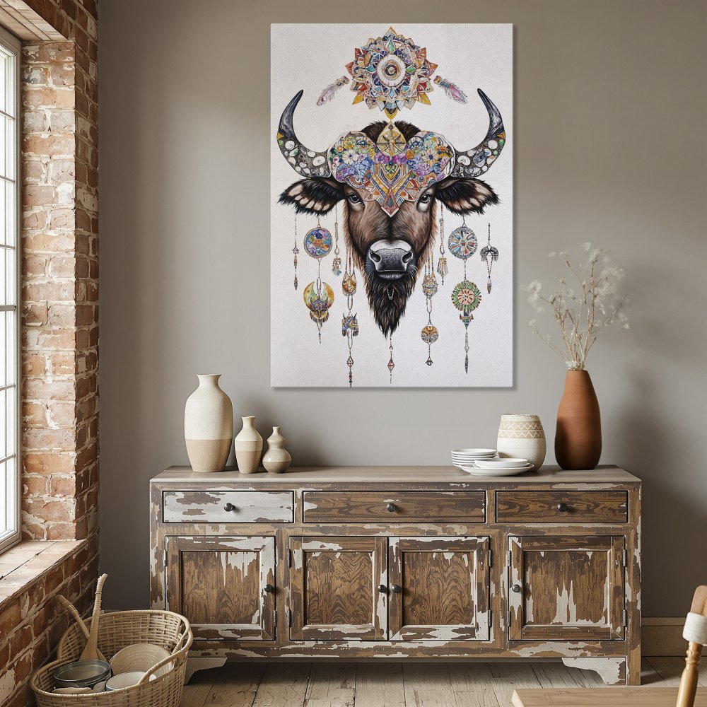 Framed Wall Art: Boho bull canvas print with colorful details. Adds a touch of rustic charm to any dining room. Shop now!