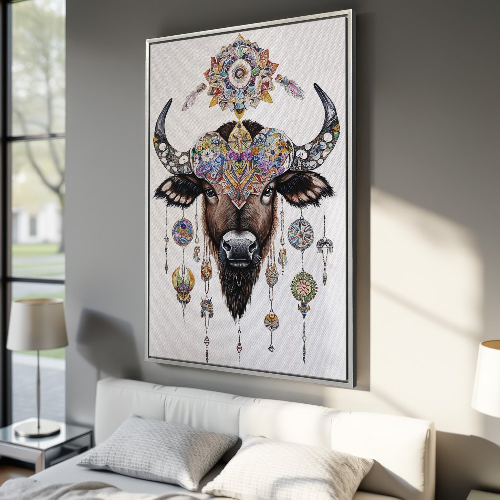 Framed Wall Art: Colorful boho buffalo head canvas print. Earthy tones with vibrant accents, perfect for adding a unique touch to your bedroom decor.