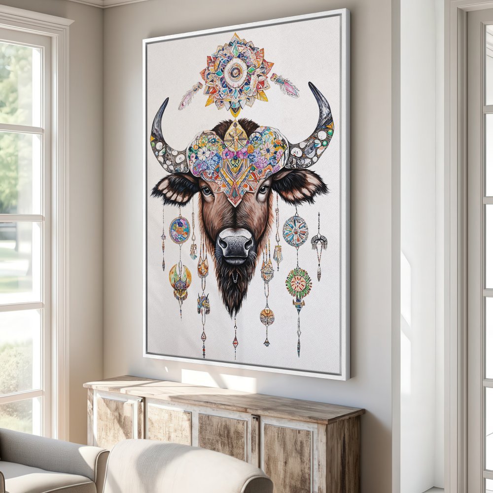 Framed Wall Art: Boho buffalo print with vibrant colors. Add a touch of tribal style to your home decor. Shop now!