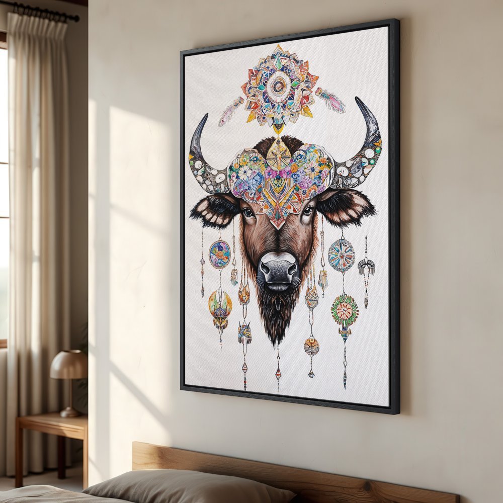 Framed Wall Art featuring a colorful, boho-style bison. Earth tones and vibrant accents create a stunning piece for your home decor.