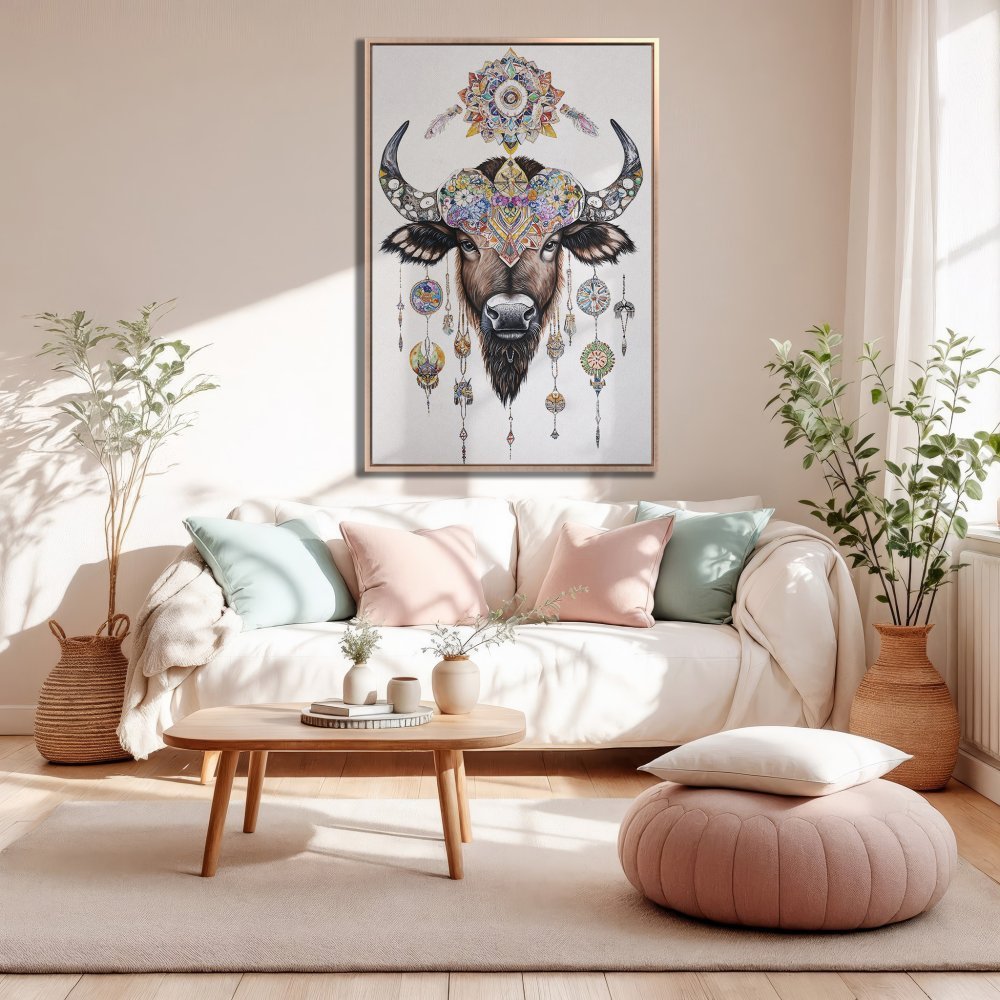 Framed Wall Art: Boho buffalo Canvas Print in a living room. Features colorful, detailed artwork with a neutral and pastel color palette.