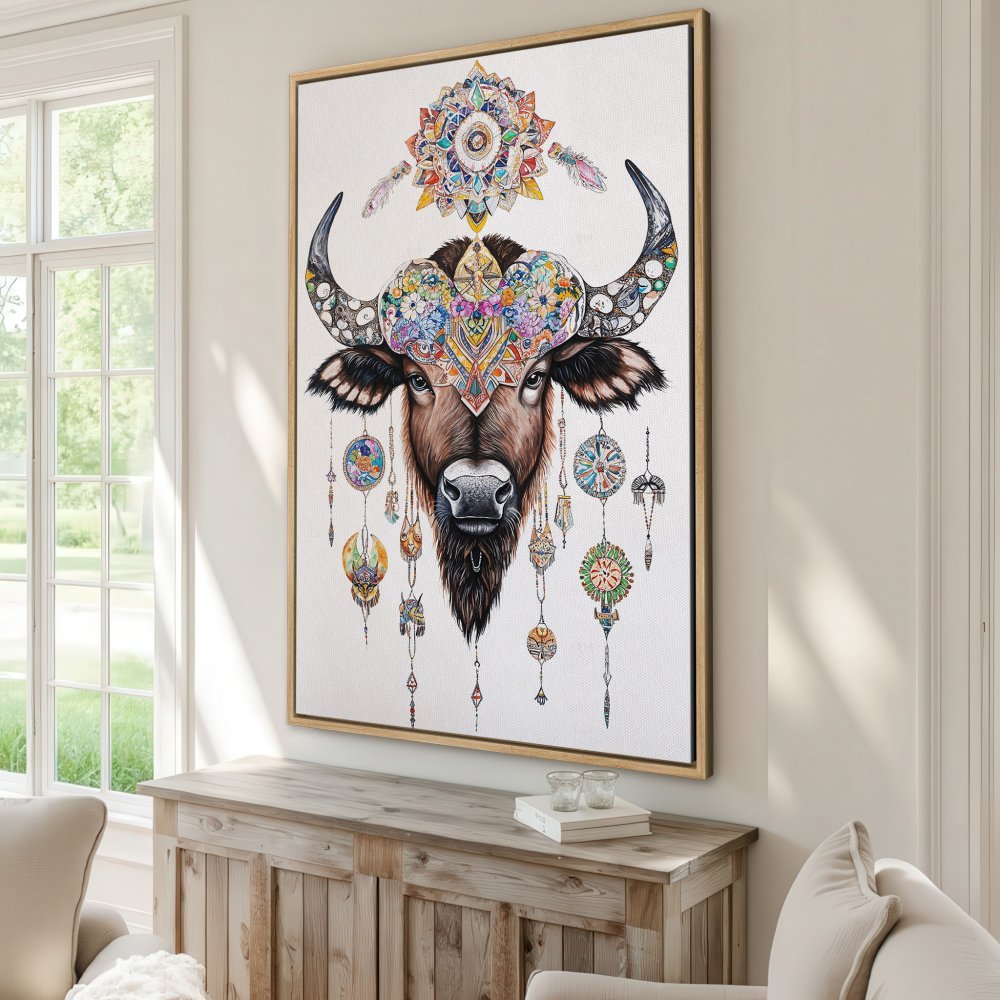 Framed Wall Art: Boho buffalo illustration in vibrant colors. Add a touch of unique style with this stunning Canvas Print!