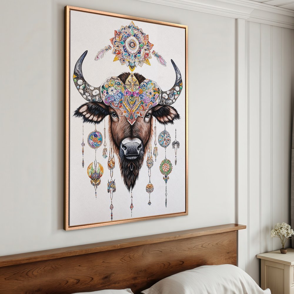 Framed Wall Art: Boho-style canvas print featuring a colorful bull illustration. Earth tones with vibrant accents. Perfect for bedroom decor.