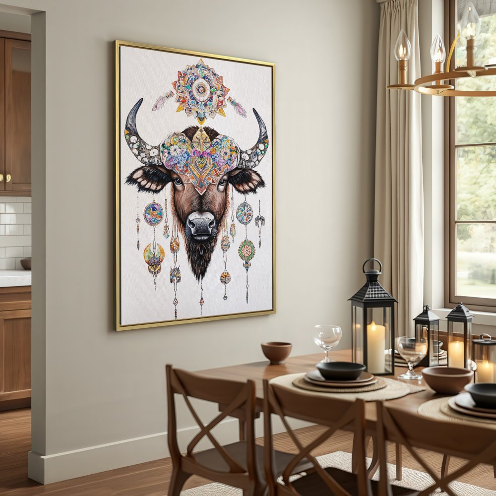 Canvas Print of a colorful, bohemian buffalo head. Perfect wall art with a neutral and earthy color palette.
