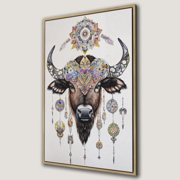 Boho Canvas Print: Majestic buffalo art with vibrant floral and geometric details. Earthy tones with pops of color. Perfect wall decor!