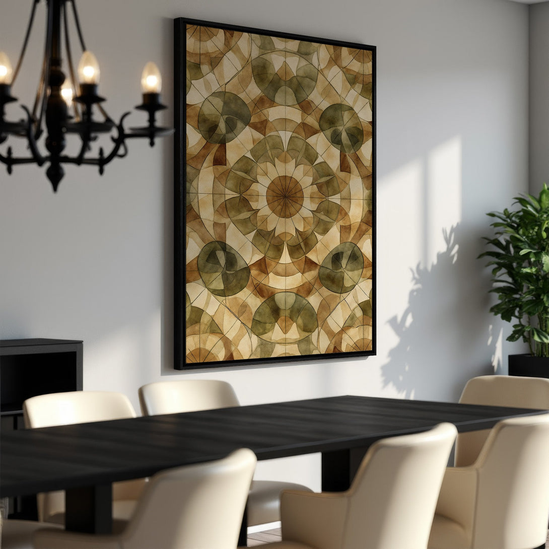 Framed Wall Art featuring a geometric watercolor design in earthy tones of brown and green. Perfect for adding a touch of modern elegance to any space.
