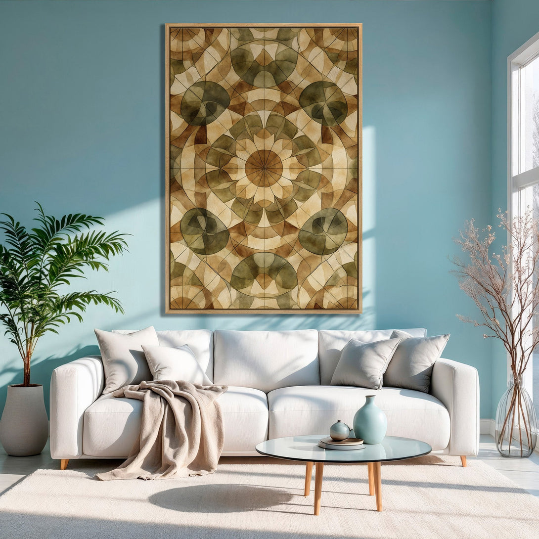 Framed Wall Art featuring a geometric abstract design in earthy tones. Perfect for modern living rooms. Warm color palette complements the interior decor.