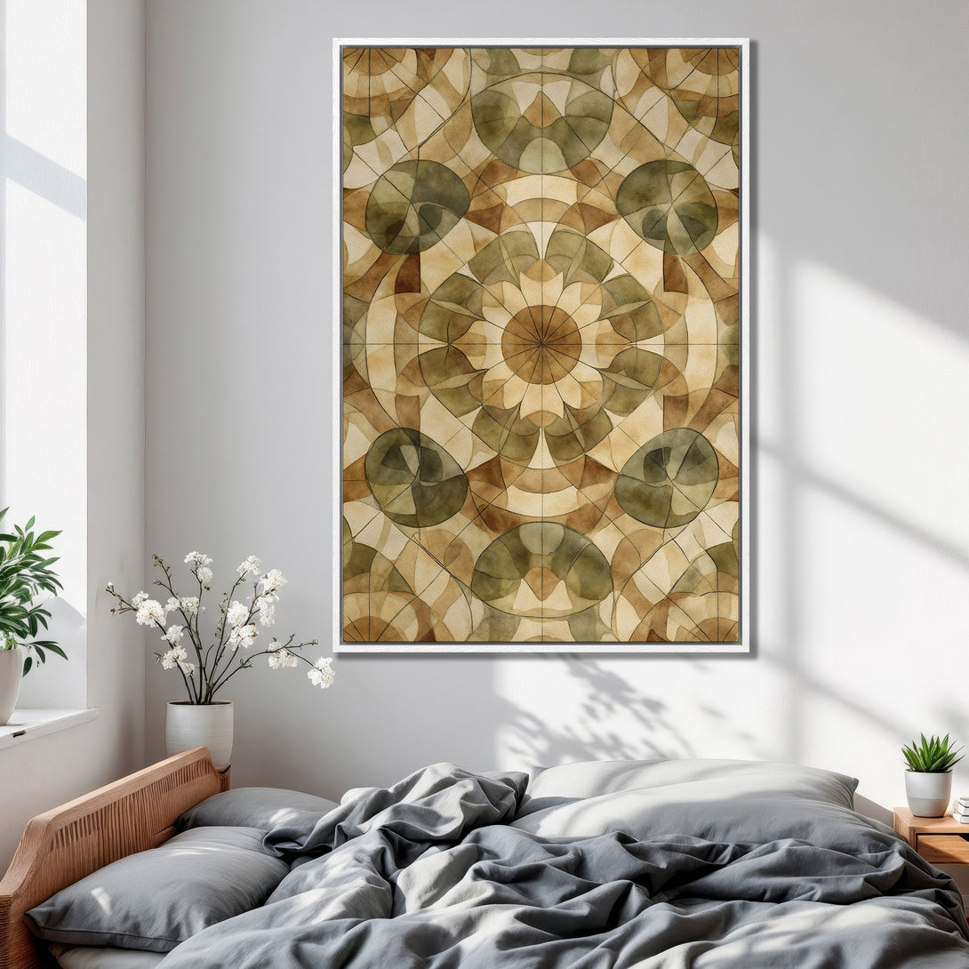 Framed Wall Art in a bedroom setting. Abstract watercolor design in earthy tones. Perfect for adding a touch of modern art to your home.