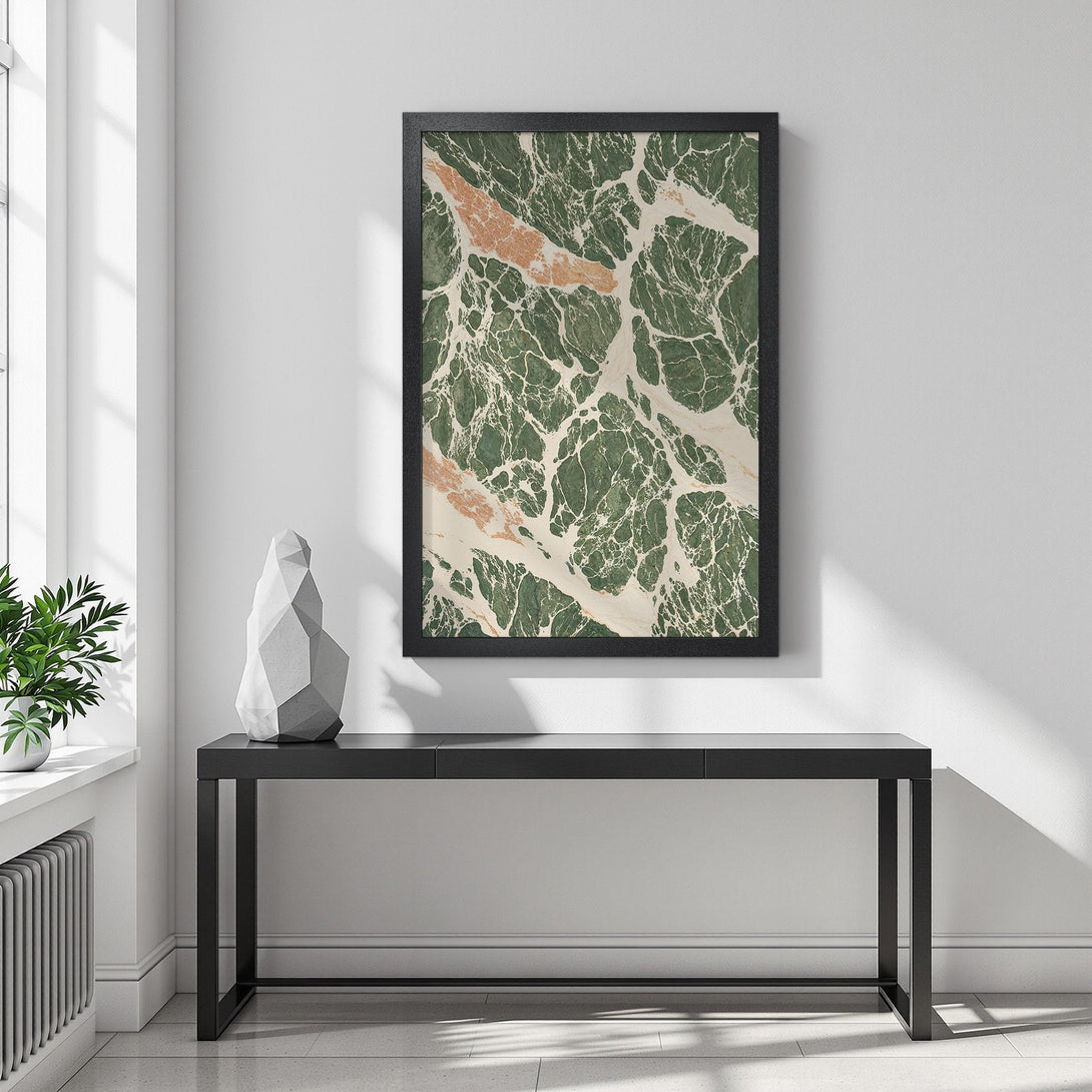 Framed Poster featuring abstract green and beige marble design. Modern art print for home decor.