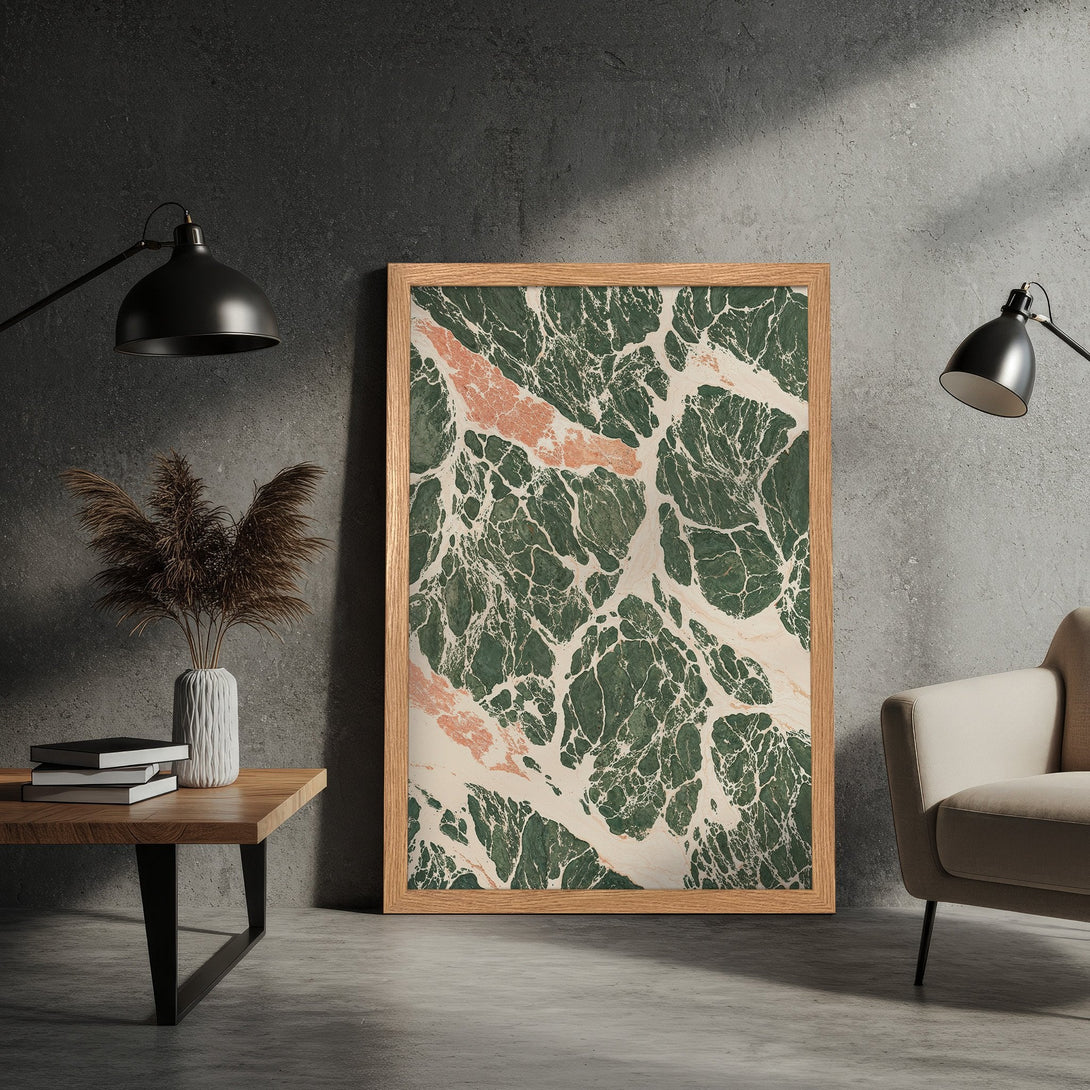Framed Poster featuring a marble-effect design in green, white, and peach tones. Perfect for modern home decor.