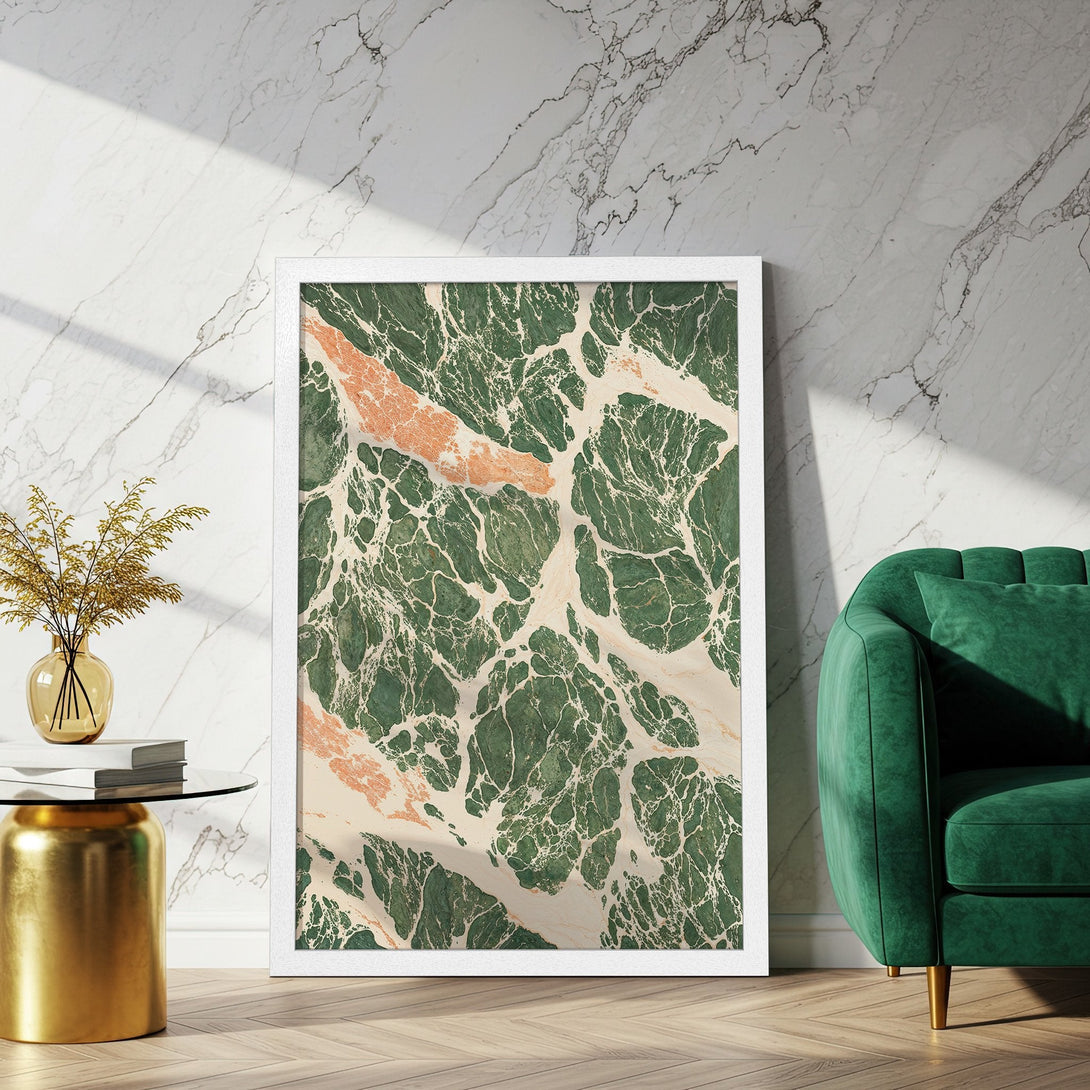 Framed Poster featuring abstract green and peach art, perfect for modern home decor.