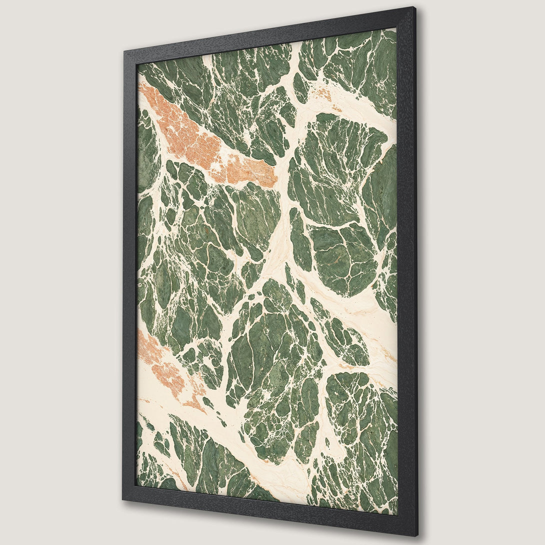 Framed Poster featuring abstract marble art in green, cream, and peach tones. Modern wall decor for any space.