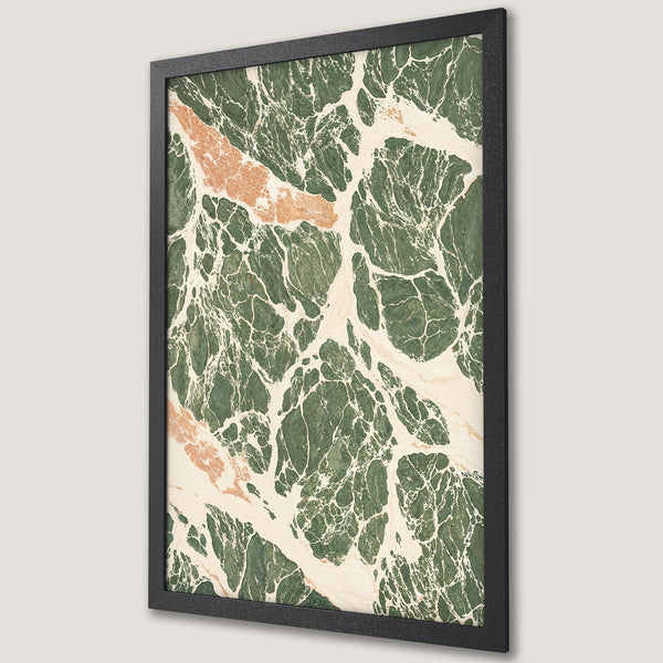 Framed Poster featuring abstract marble art in green, cream, and peach tones. Modern wall decor for any space.