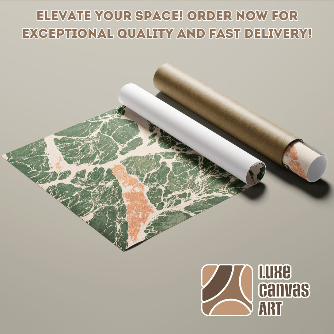 Poster Roll with abstract green & orange art. Elevate your space with Luxe Canvas Art. Order now for fast delivery!